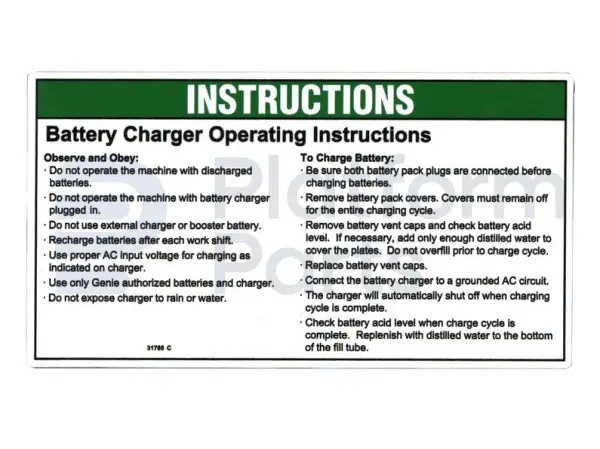 Decal, battery charge instructions