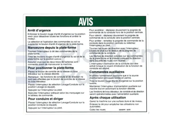 Decal, operating instructions, French