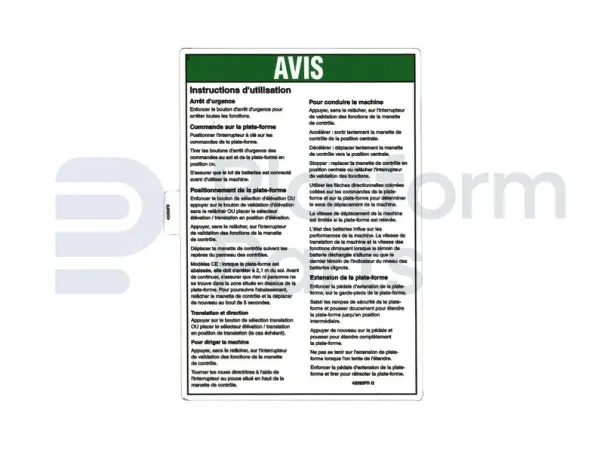 Decal, operating instructions, French