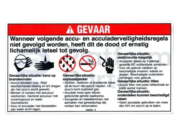 Decal, danger, battery safety, Dutch