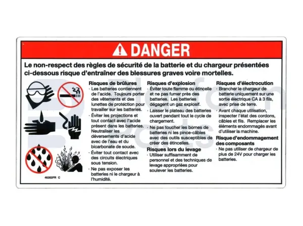 Decal, danger, battery safety, French