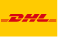 Logo of DHL, international courier and logistics company, with red lettering on a yellow background.