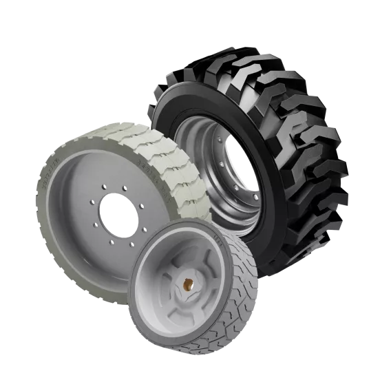 Three types of wheels and tyres for aerial work platforms, including non-marking and off-road profiles.